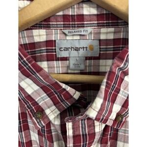 Carhartt red white plaid cotton button down shirt relaxed fit men's Size L